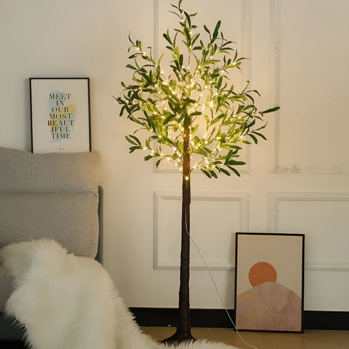 1.8 metre tall artificial olive tree lamp with warm white LEDs lit up, suitable for courtyard or garden decoration.