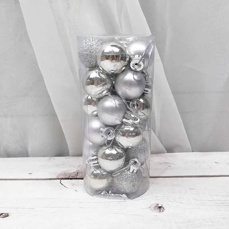 Assortment of 3cm diameter shiny and matte Christmas decoration balls in red, gold, blue, and silver colours.