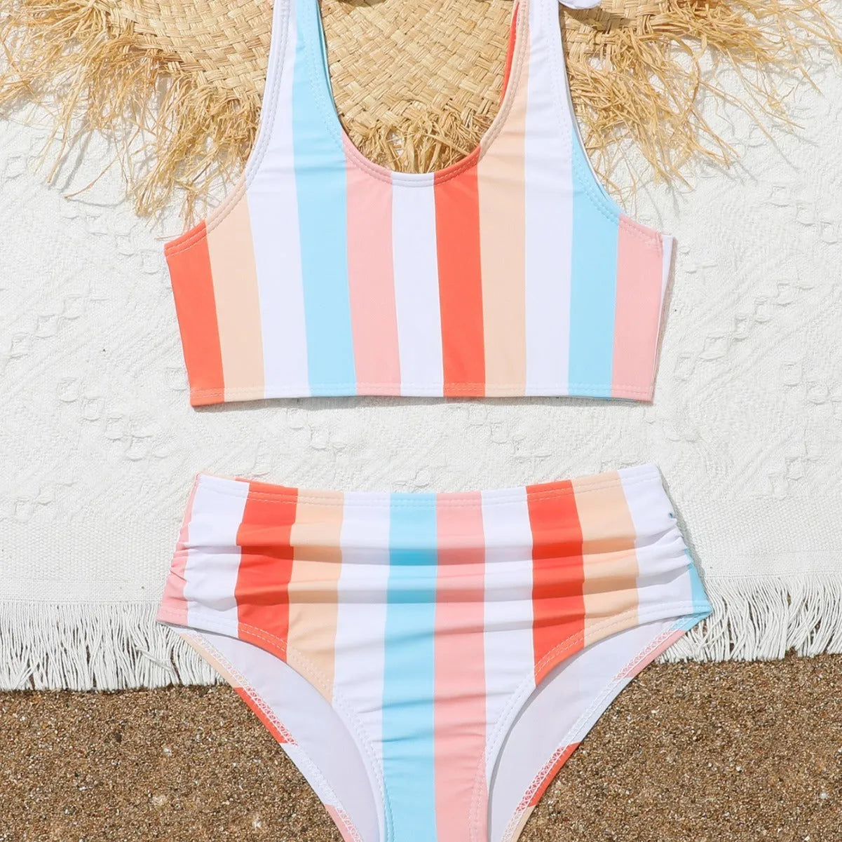 Girls' two-piece swimsuit set with plaid pattern briefs and bra top