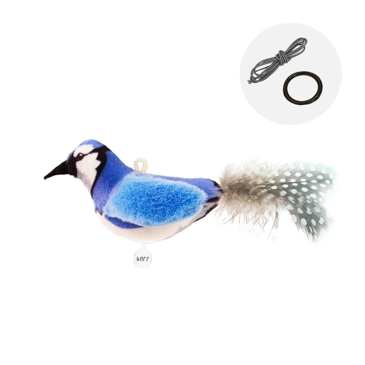 Plush bird simulation cat toy in blue kingfisher colour on a white background.