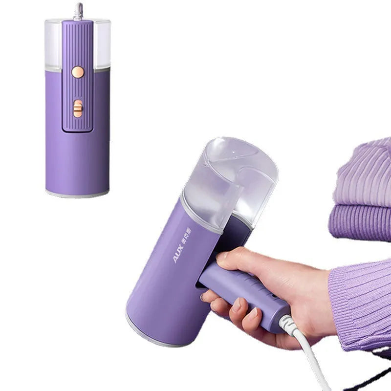 Portable handheld garment steamer in grey lotus root purple colour with foldable design and water reservoir