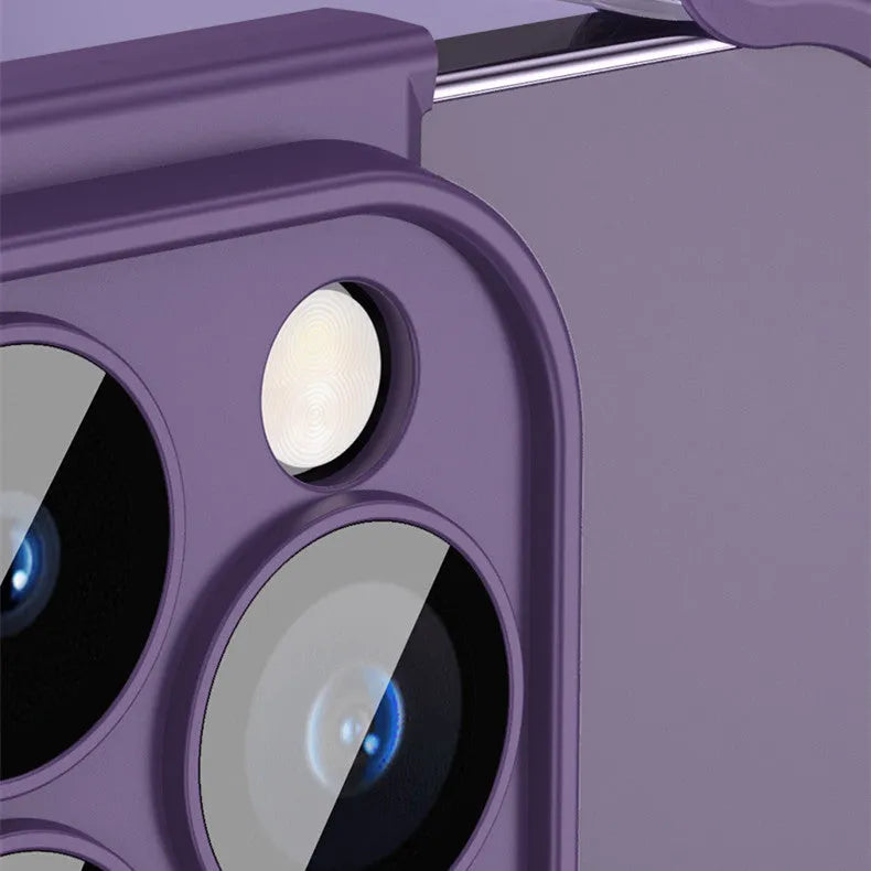 Corner pad TPU iPhone case with glass lens film in dark purple, black, red, and blue colour options