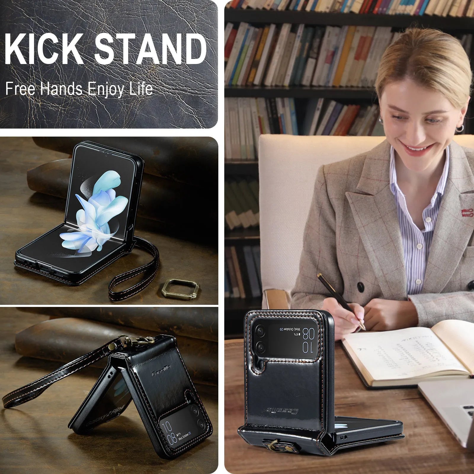 Folding PC leather phone case with Crazy Horse pattern and metal ring for Samsung Galaxy Z Flip
