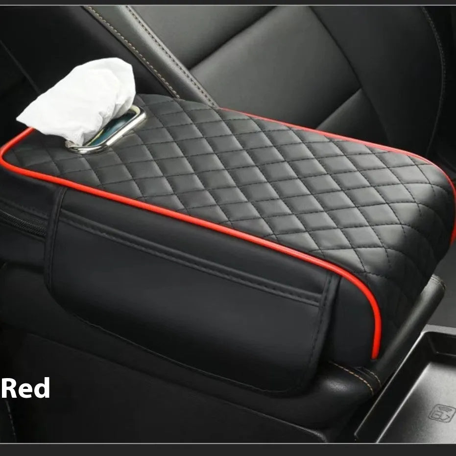 Universal car armrest box cushion in leather with built-in tissue buggy bag