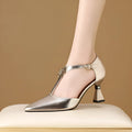 Women's gold and silver hollowed sandals with pointed toe and cowhide leather upper