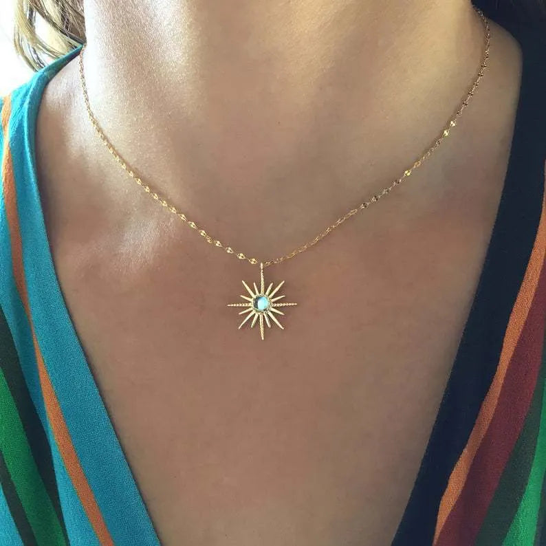 Boho gold sun god geometric pendant necklace on alloy chain with electroplated finish