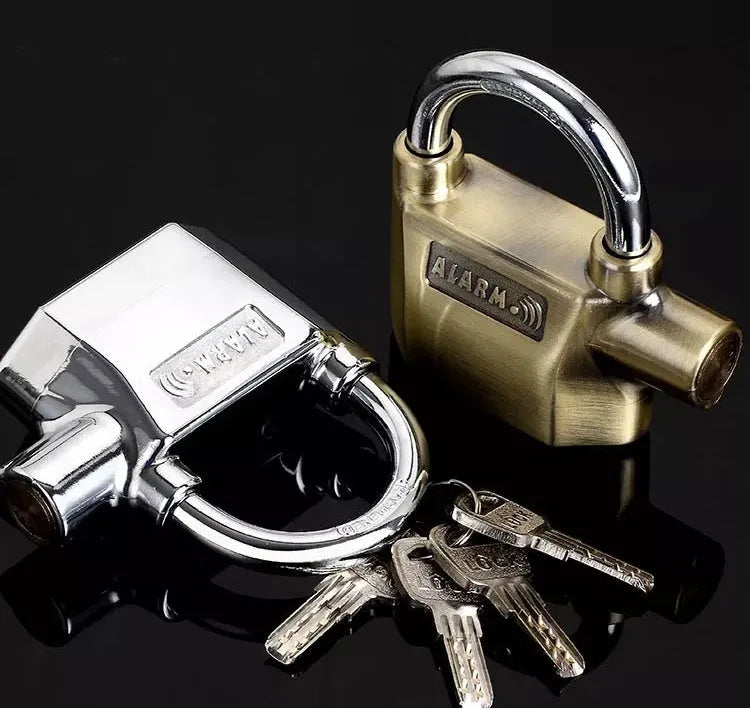 Waterproof siren alarm padlock 175x10x135mm in silver and bronze colours with shackle rotated for mode selection
