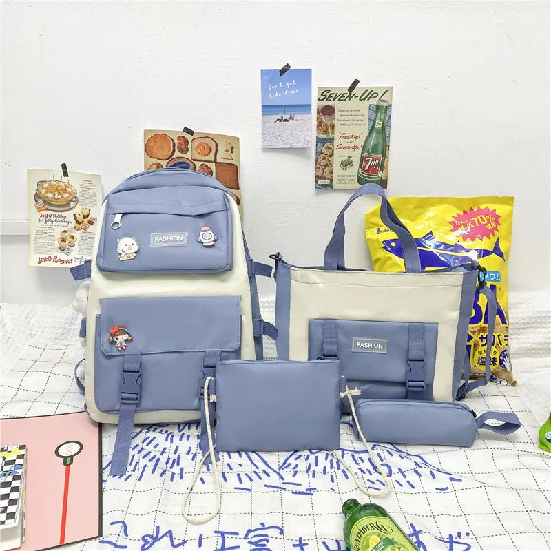 Korean style Mori casual Oxford cloth student four-piece set backpack in pink with curved shoulder straps