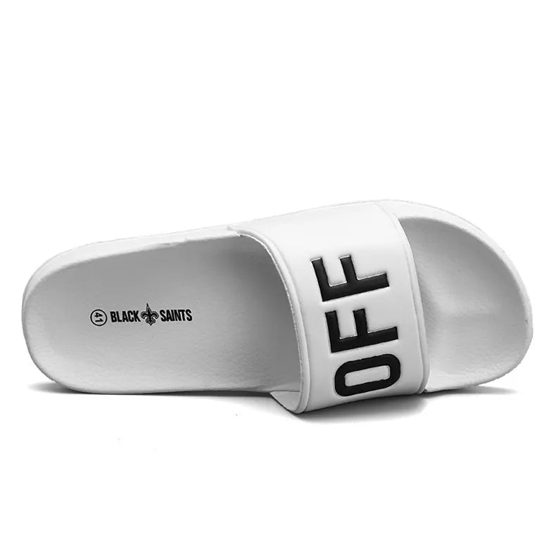 Men's black open-toe personalised slippers with a rubber sole on a plain background.