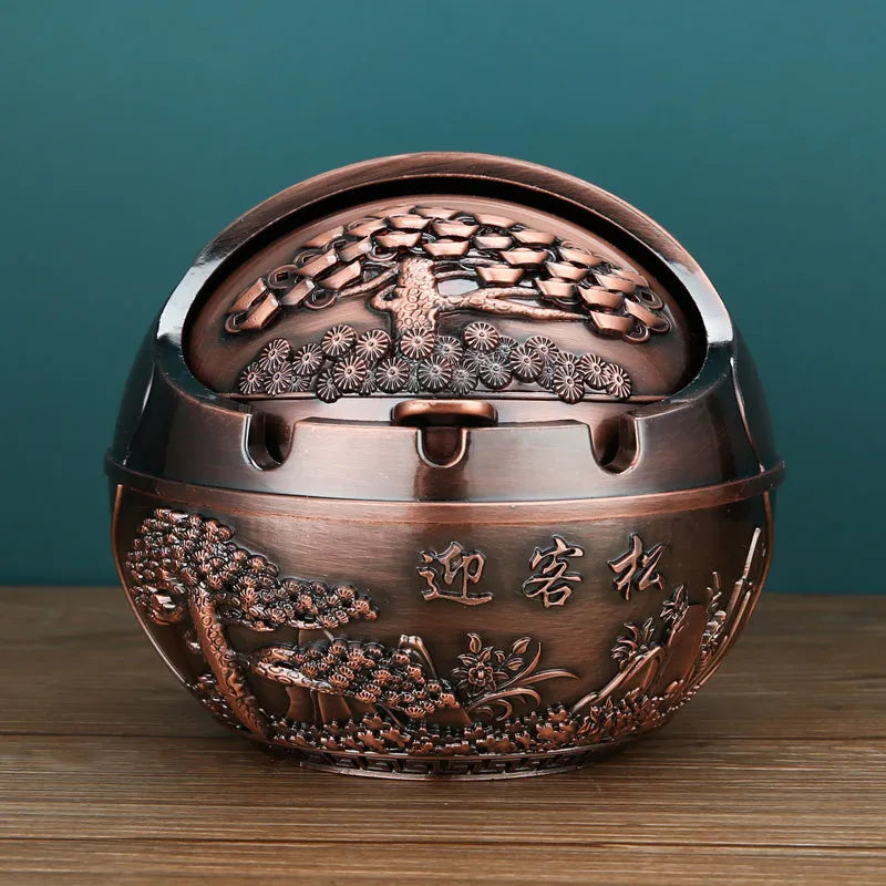 XL decorative alloy ashtray with smoke slot in bronze finish showing dragon and phoenix design