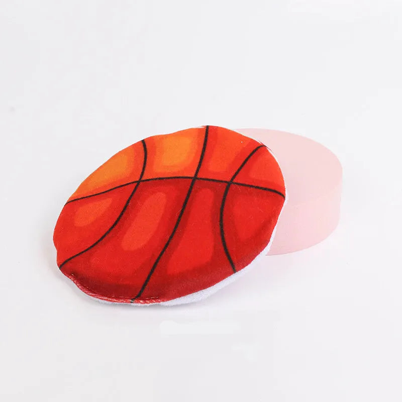 Catnip flying disc toy with sports ball pattern, plush exterior, and crinkle sounds for indoor cats