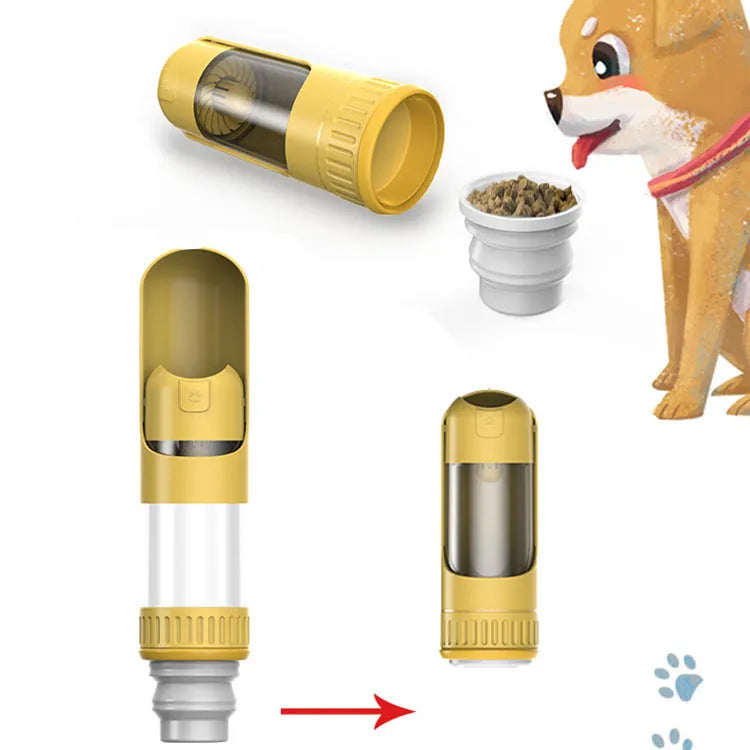 Dark blue portable dog water bottle with built-in bowl and leak-proof lock.