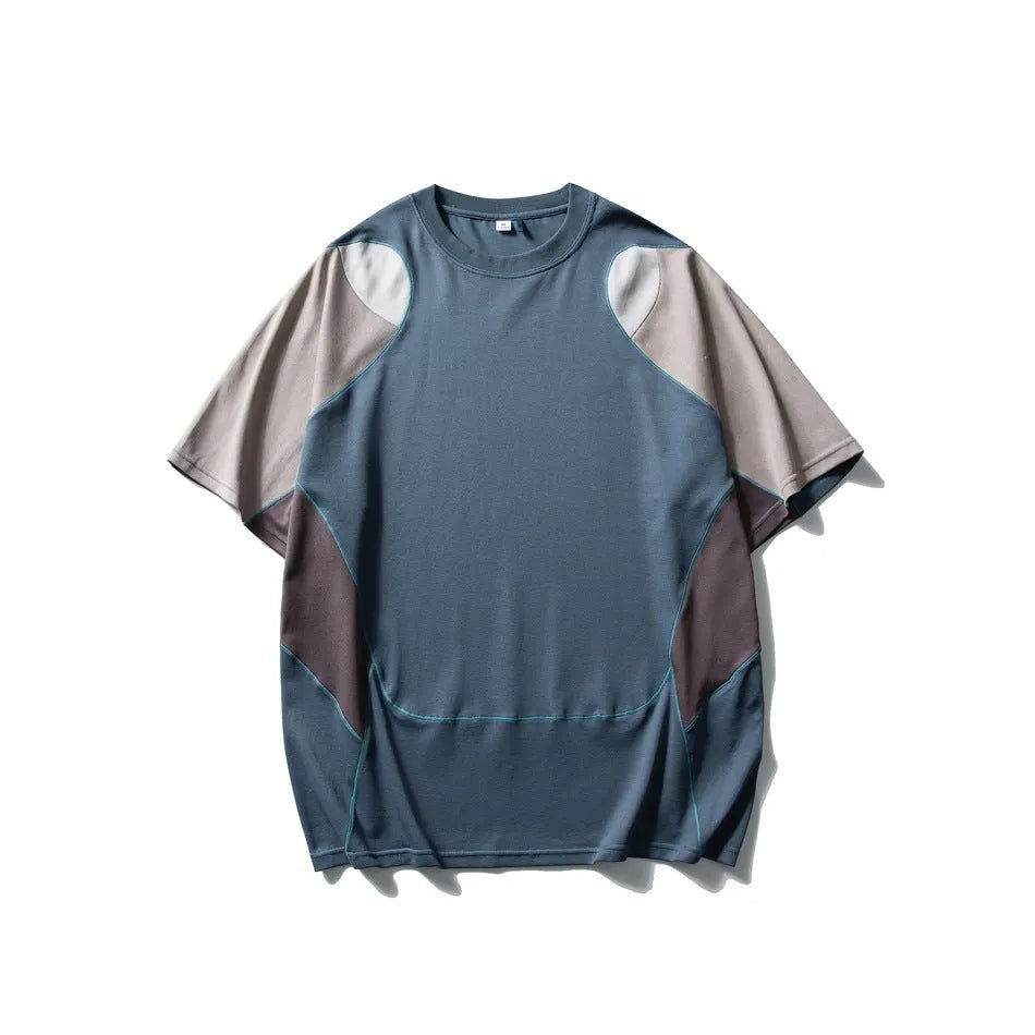 Men's loose patchwork contrast colour sports T-shirt on a hanger