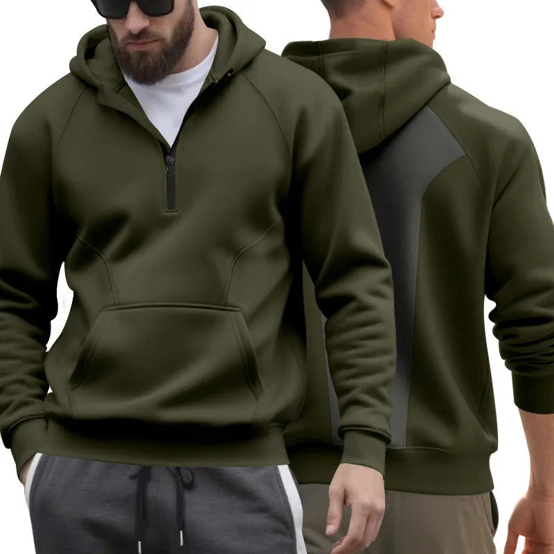 Men's loose fleece hooded zip sweatshirt with raglan sleeves in dark blue, black, army green, or iron grey, sizes S-XXXL