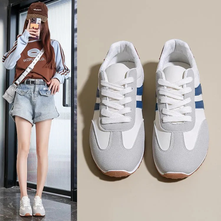 Blue and grey Cortez stripe pattern casual shoes with round toe and flat heel design