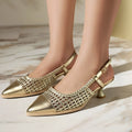Women's professional cat heel sandals with buckle closure and hollowed design in black, gold, silver colours