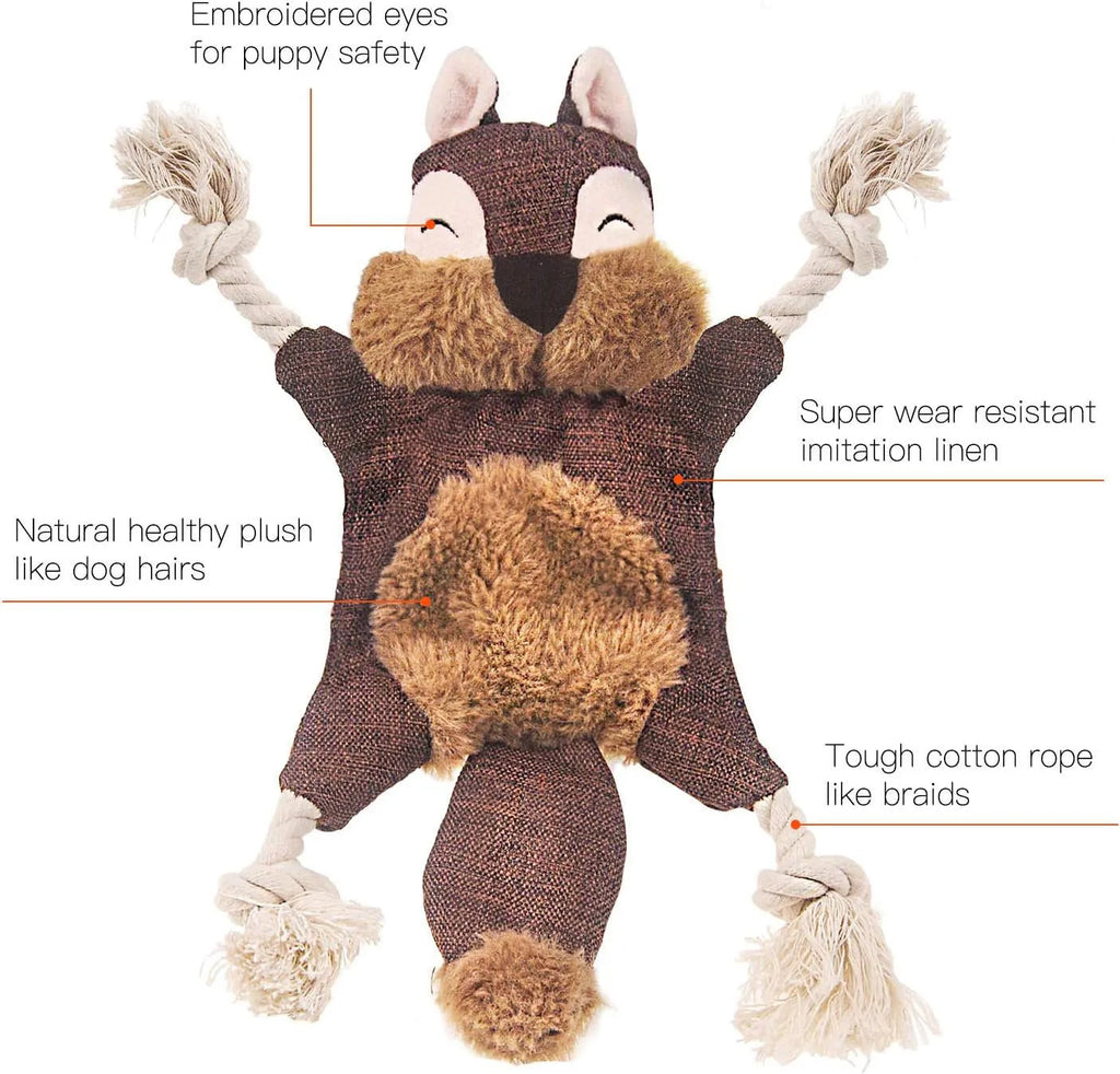 Brown plush fox dog toy with embroidered eyes, cotton rope arms and legs, and a squeaker in its head.