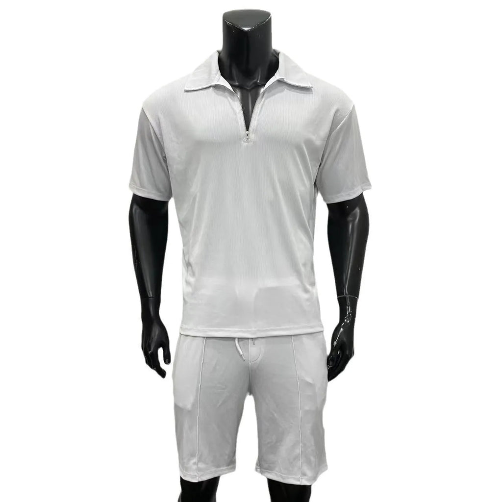 Men's casual suit set with a zipper polo top and drawstring shorts in cotton blend, available in multiple colours and Asian sizing
