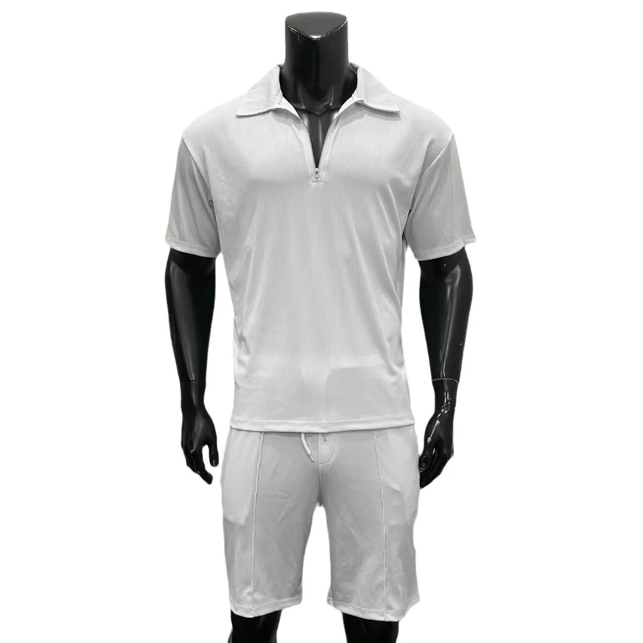 Men's casual suit set with a zipper polo top and drawstring shorts in cotton blend, available in multiple colours and Asian sizing