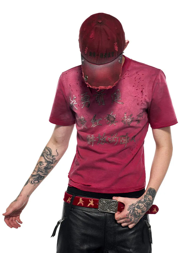 Men's slim-fit red distressed T-shirt with short sleeves and round neck collar