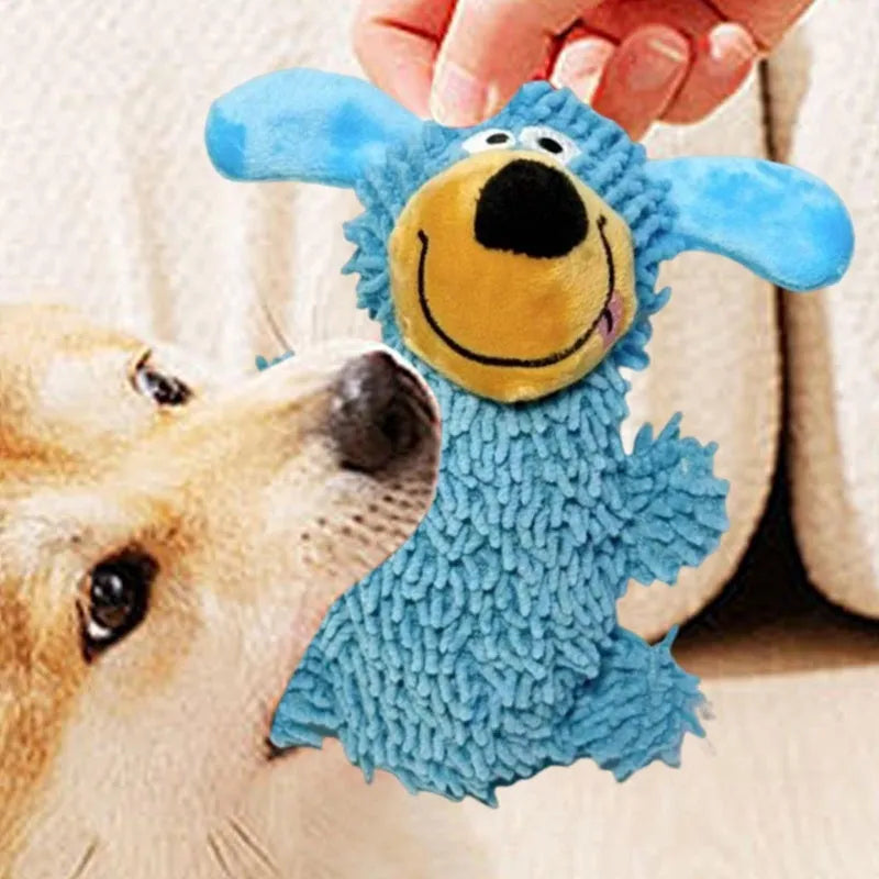 Squeaky plush dog toy in blue with cheerful dog shape and built-in squeaker