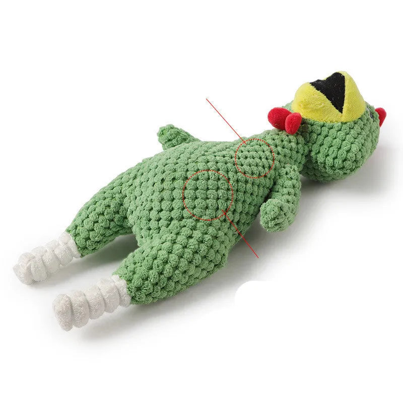 Pink pineapple velvet squeaky pet toy shaped like a chicken, 35cm long, on a white background