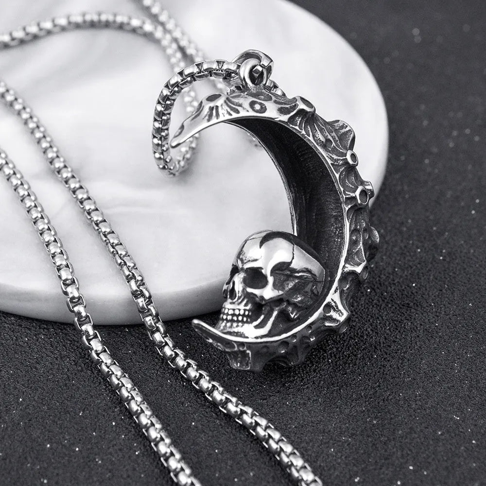 Skull men's stainless steel necklace with silver electroplated alloy pendant in six design variations