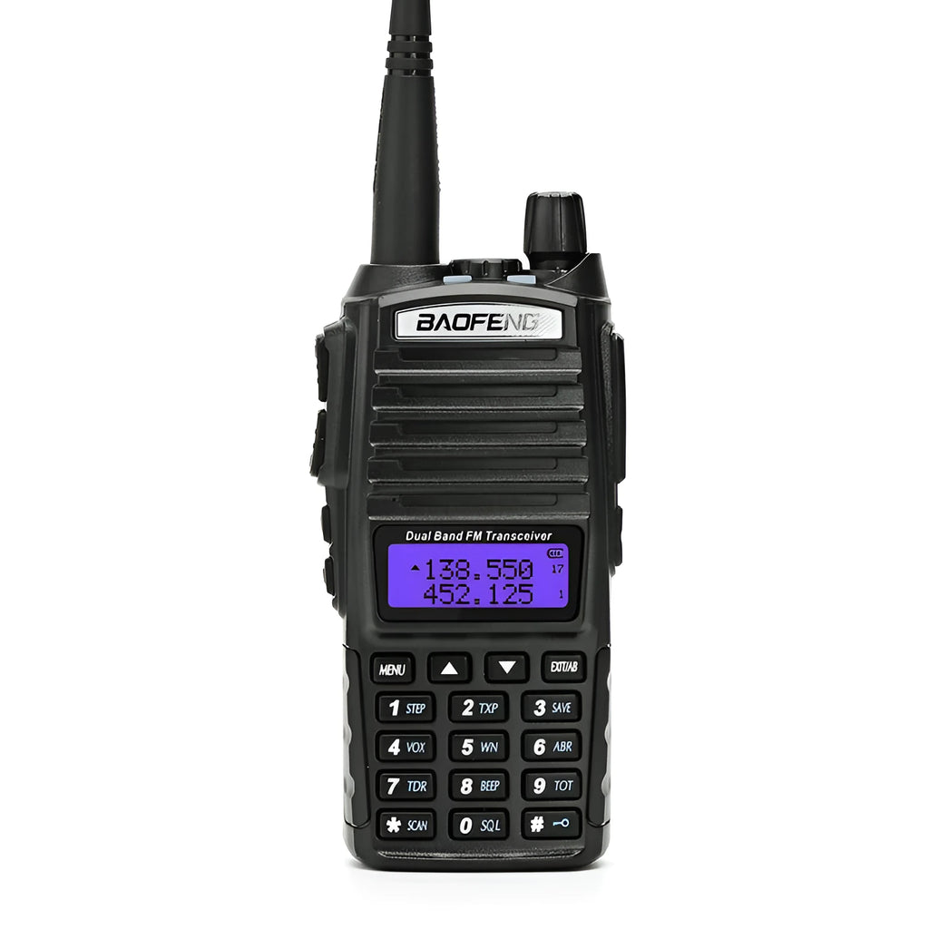BF-UV82 8W walkie talkie in black with antenna and belt clip on a table
