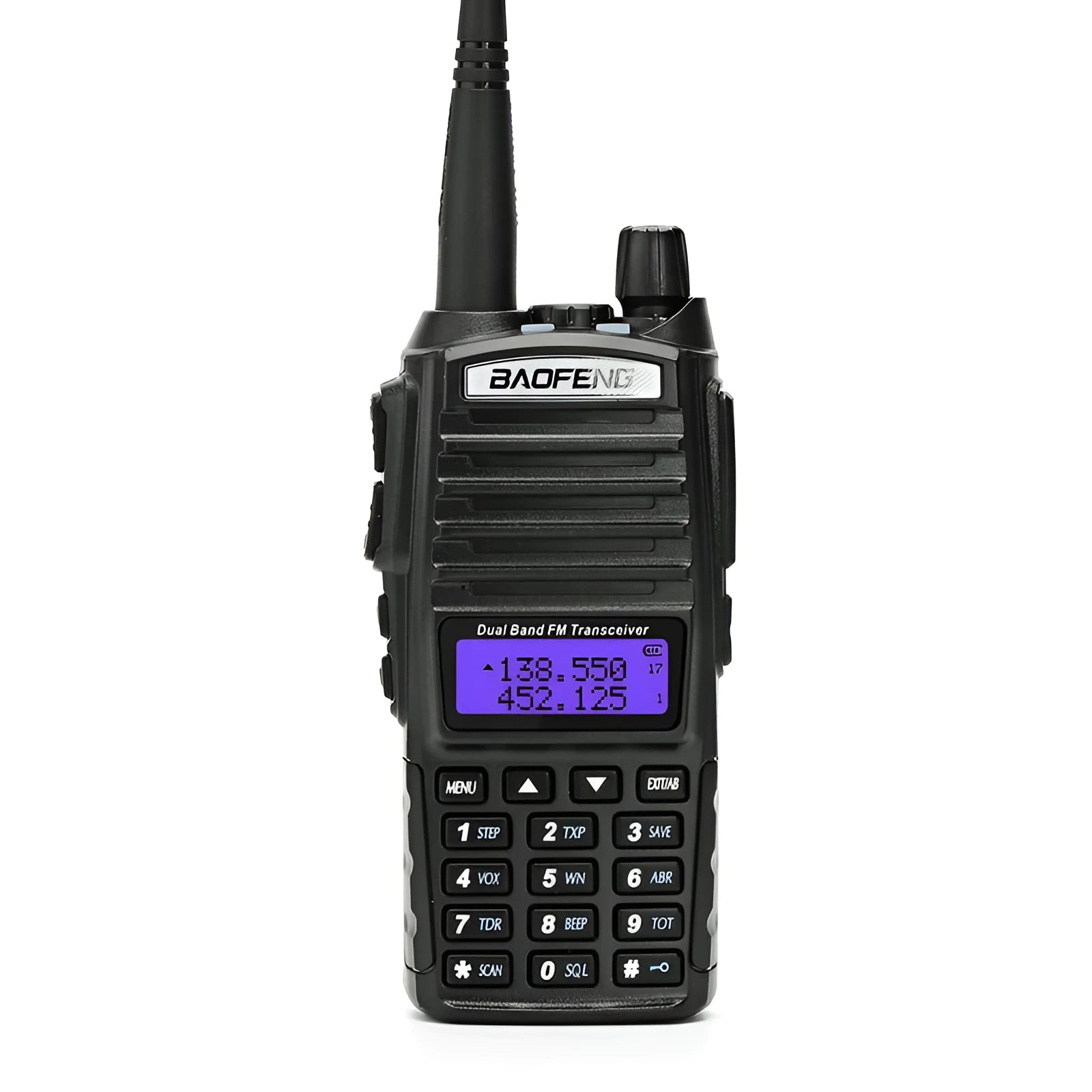 BF-UV82 8W walkie talkie in black with antenna and belt clip on a table