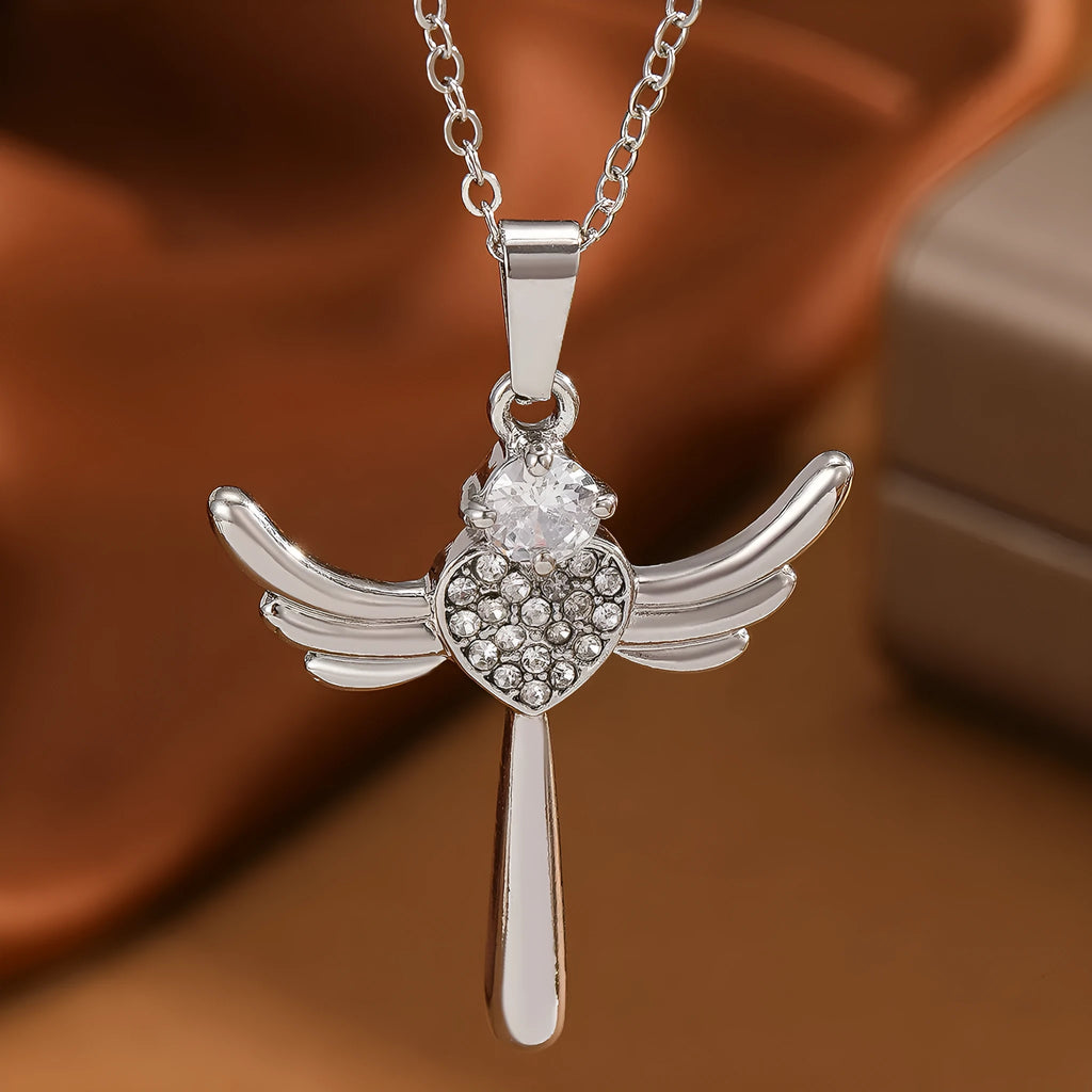 Silver heart-shaped angel wings pendant clavicle chain necklace for women, titanium steel and alloy, cross design, affordable luxury style
