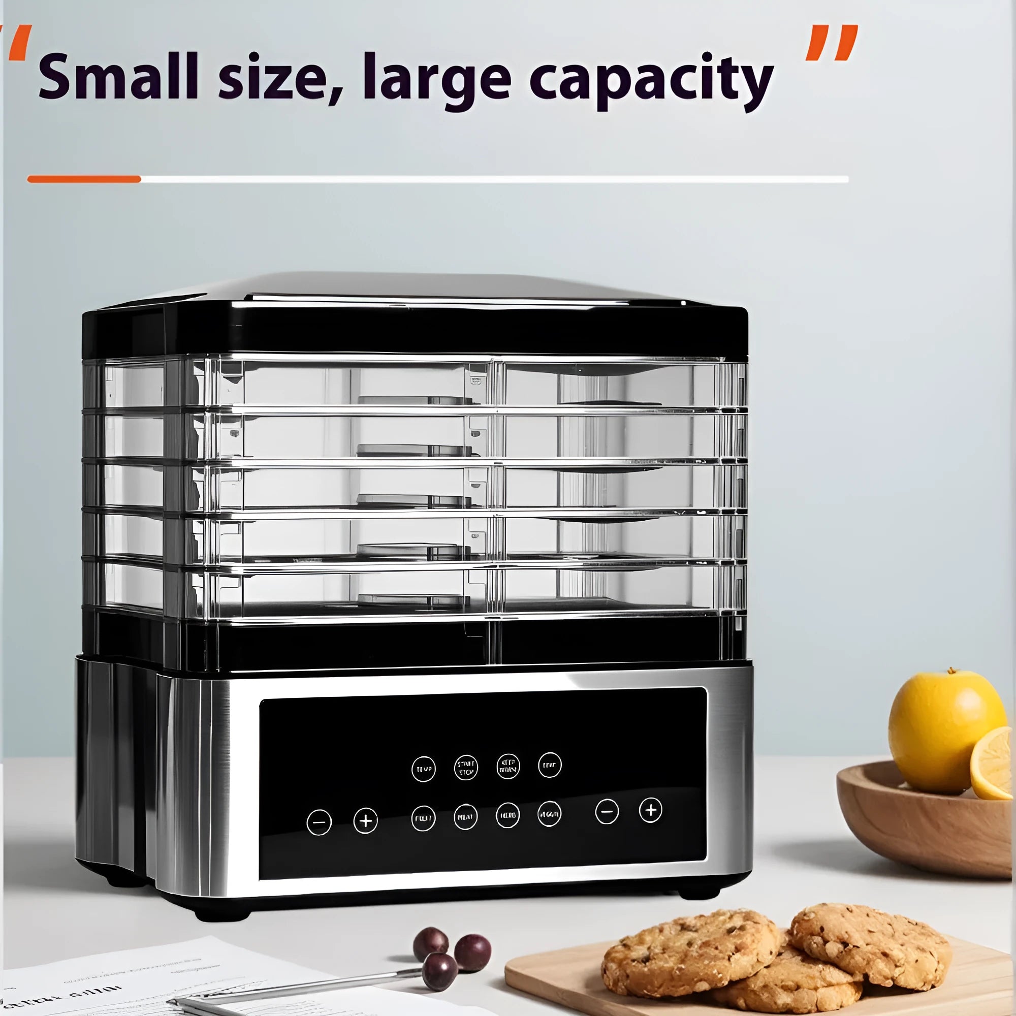 Silver stainless steel fruit dehydrator with 14-litre capacity and digital temperature control panel