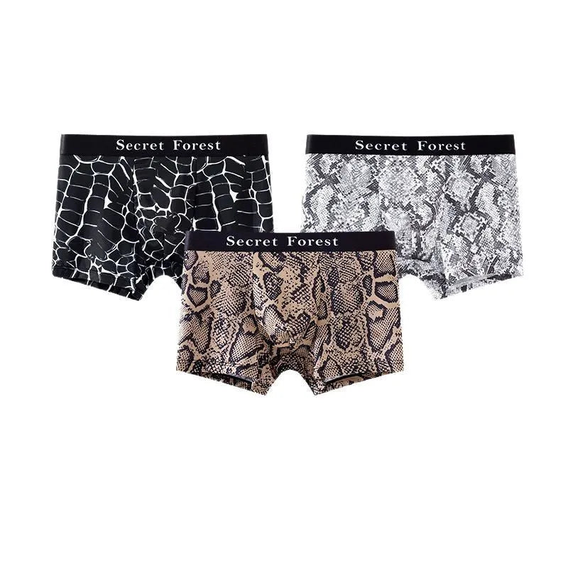Men's thin loose boxer shorts in black, grey, or brown polyester fabric.