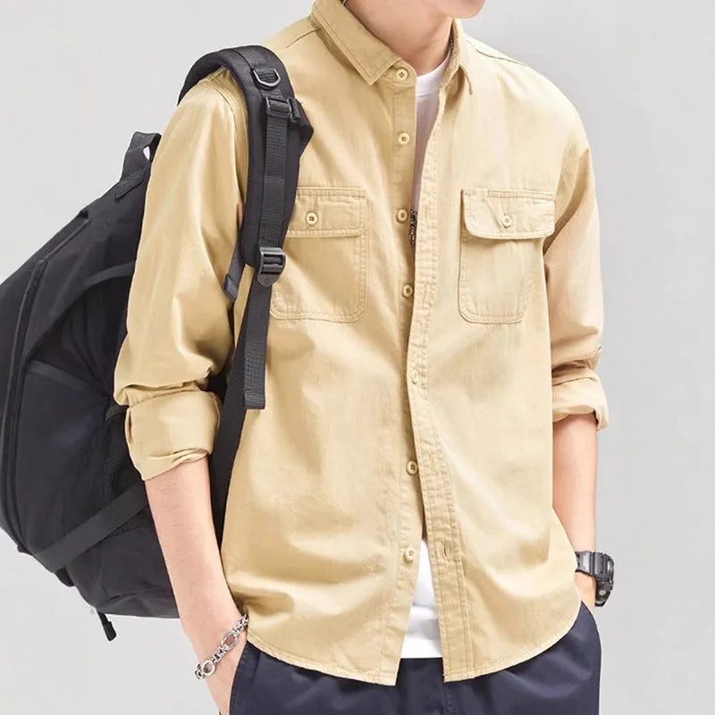 Men's loose long sleeve overalls cardigan shirt in polyester, shown in light grey colour.
