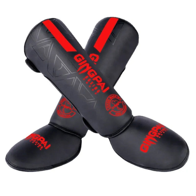 Sanda free fight shin guard and ankle support in PU, leggings style, sizes S M L, black and red colourway