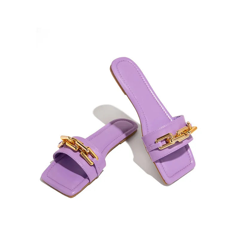 Women's flat shoes with chain pattern, round toe, back strap, artificial PU upper, five colours, sizes 35-43
