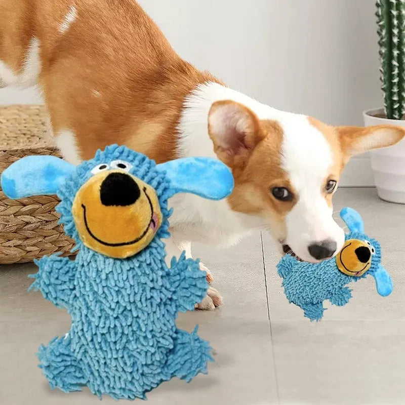 Squeaky plush dog toy in blue with cheerful dog shape and built-in squeaker