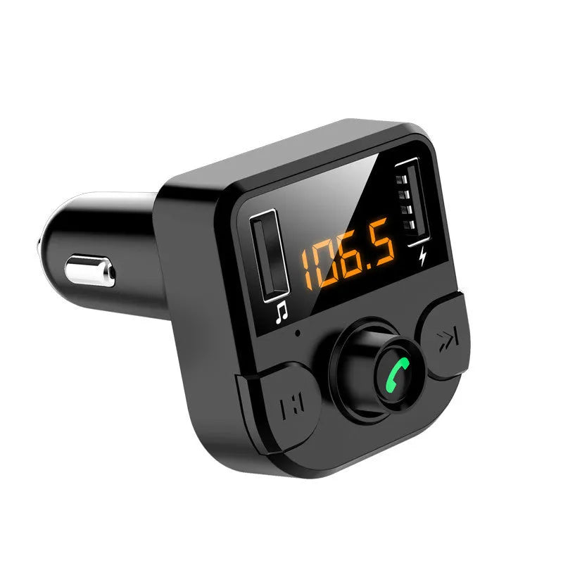 BT36B black car Bluetooth FM transmitter player with 1.1-inch screen plugged into a cigarette lighter.