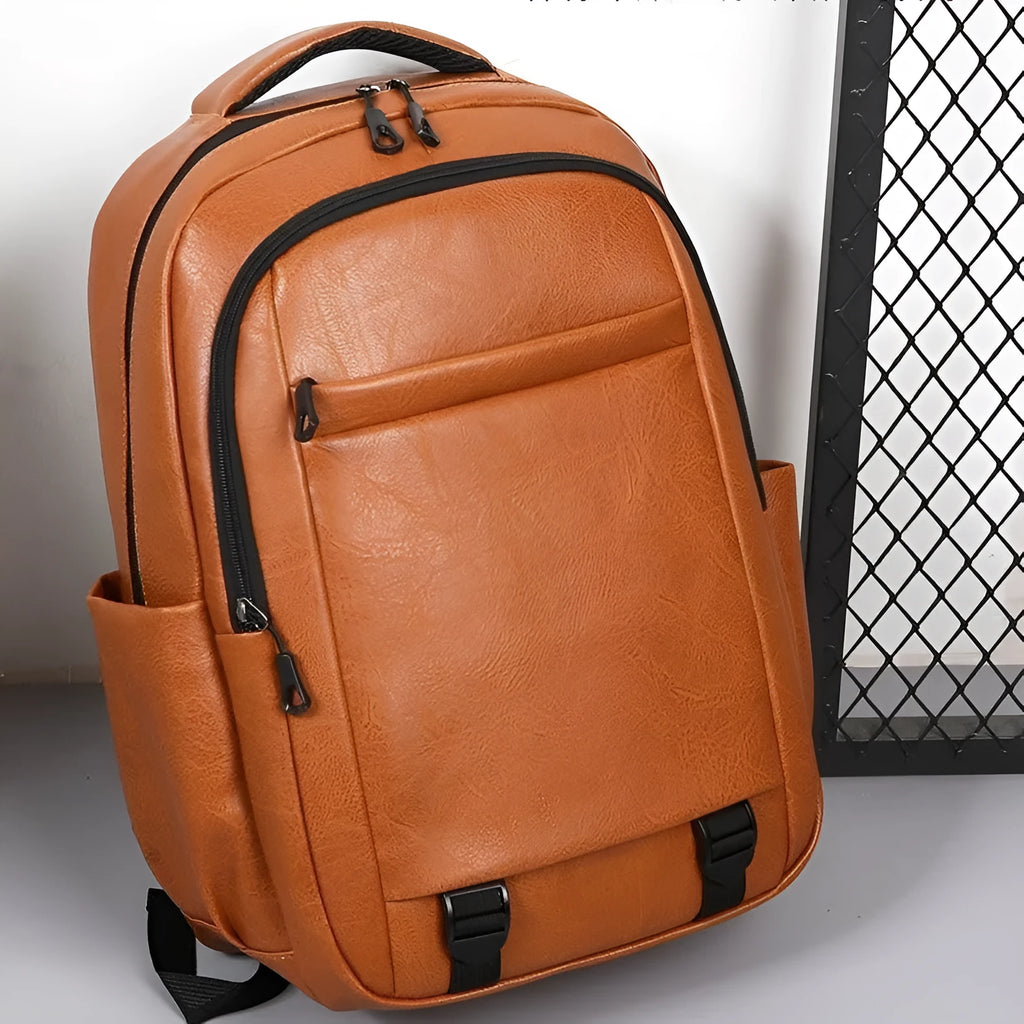 Men's large capacity PU backpack in khaki, 47x33x18cm, with curved shoulder straps and main compartment opening