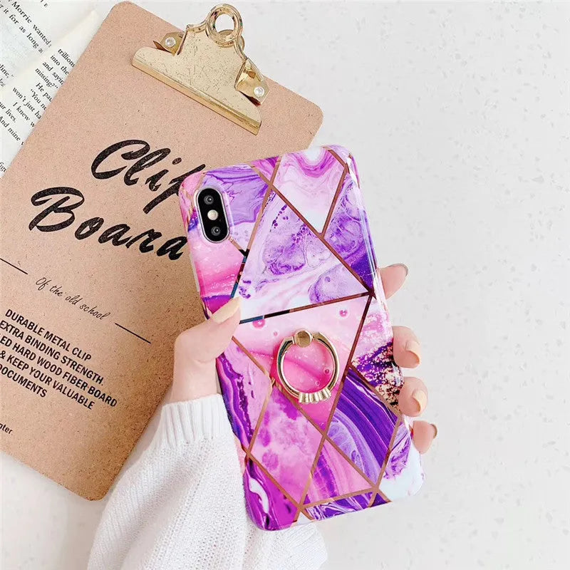 Geometric TPU mobile phone case with bracket ring in purple for iPhone XR