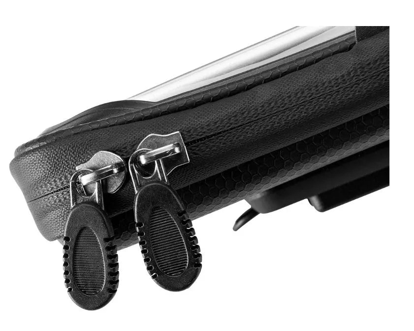Black waterproof bicycle handlebar bag with transparent touch screen and rotating mount for navigation