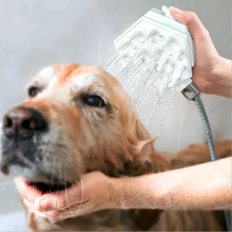 Pet shower brush nozzle with one-key switch in blue for dogs and cats