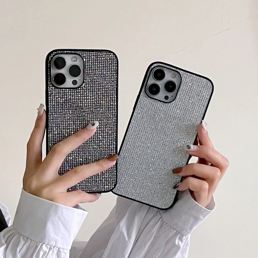 Rhinestone all-inclusive iPhone case in white or black with leather-style matte finish and fall prevention design.