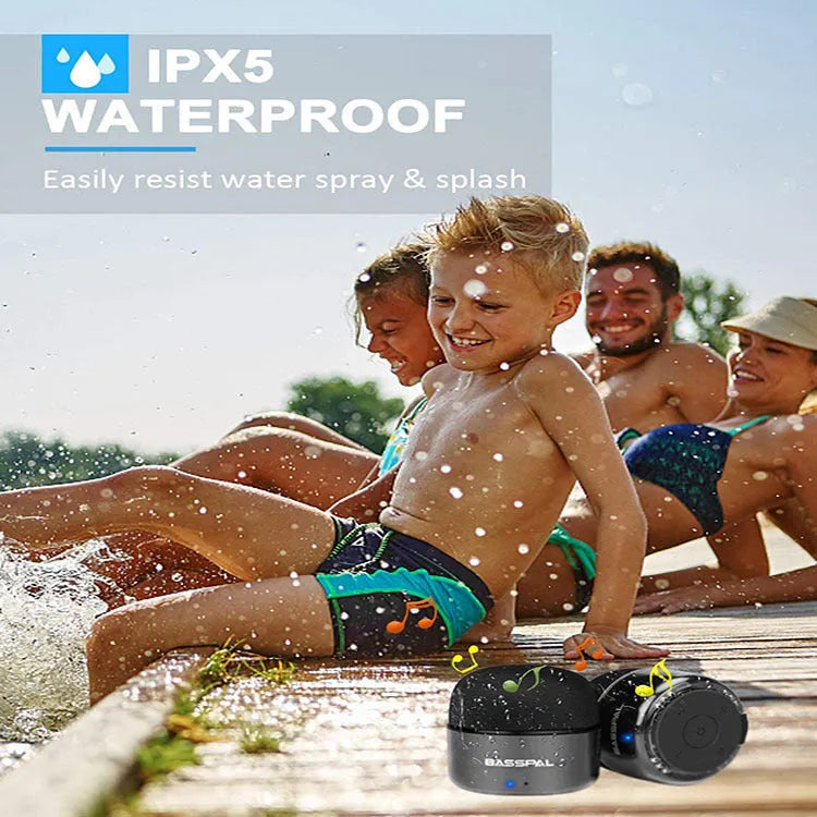 Black mini waterproof portable Bluetooth speaker with control buttons.