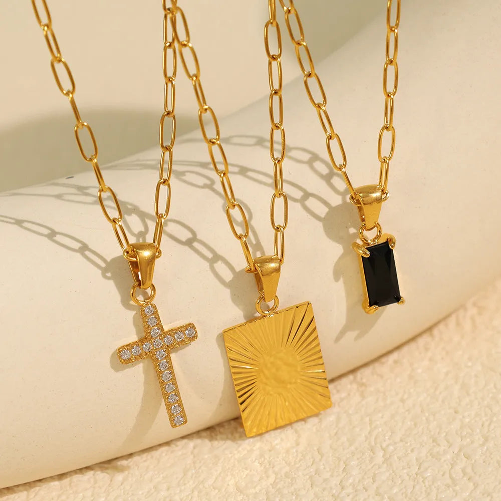 Titanium steel cross pendant necklace with black zircon square plate and gold electroplating on regular chain