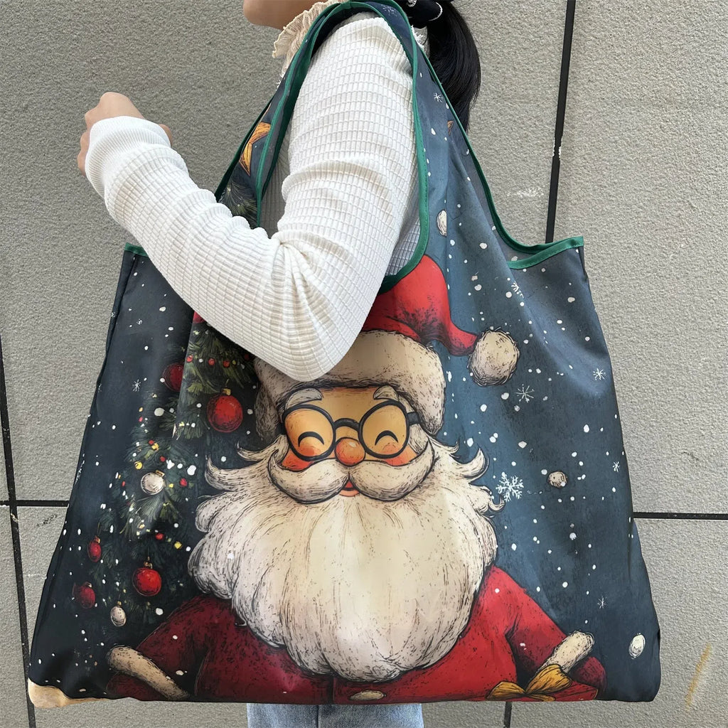 Large one-shoulder polyester Santa Claus gift bag with festive red and white design