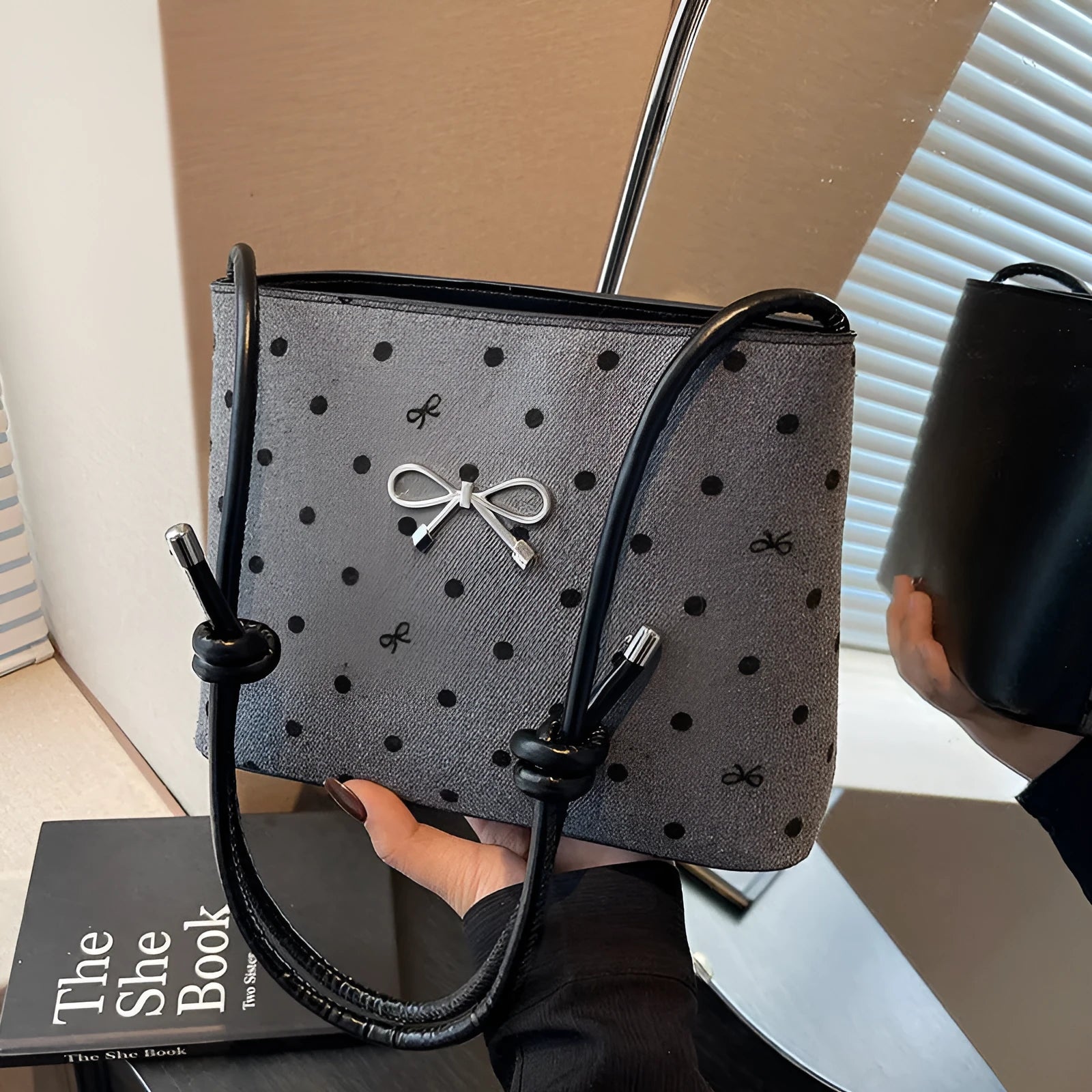 Canvas polka dot bow crossbody bag in PU with double shoulder straps horizontal square shape