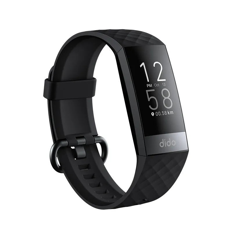 Y6 Black smart health bracelet with touchscreen displaying blood pressure and ECG graphs on a wrist.