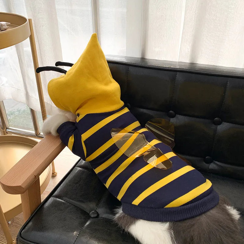Bee pet hoodie plush winter coat in yellow striped bee transfiguration, sizes XS to XXXL