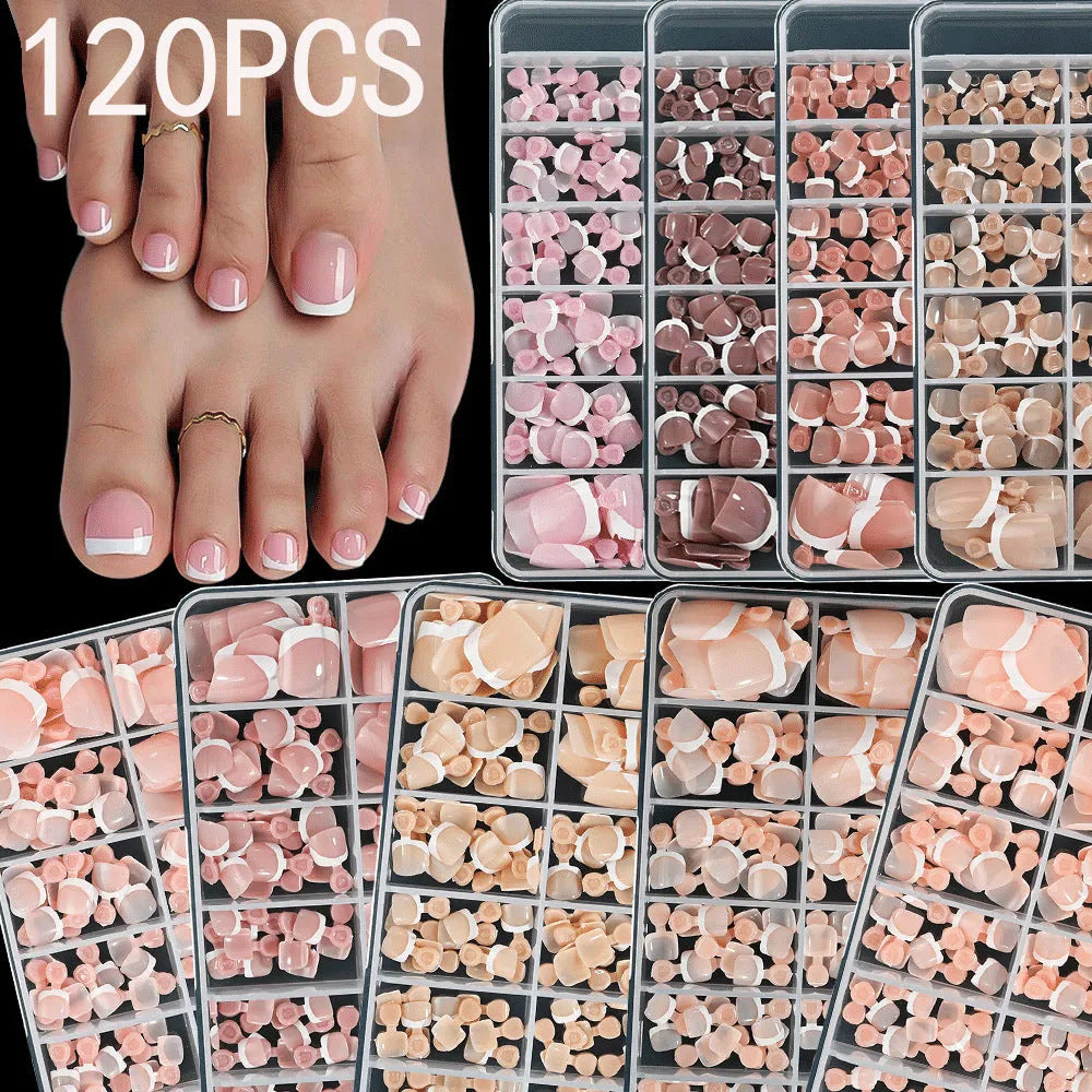 Box of 120 French white edge nude full square short artificial toe nails in nine shades