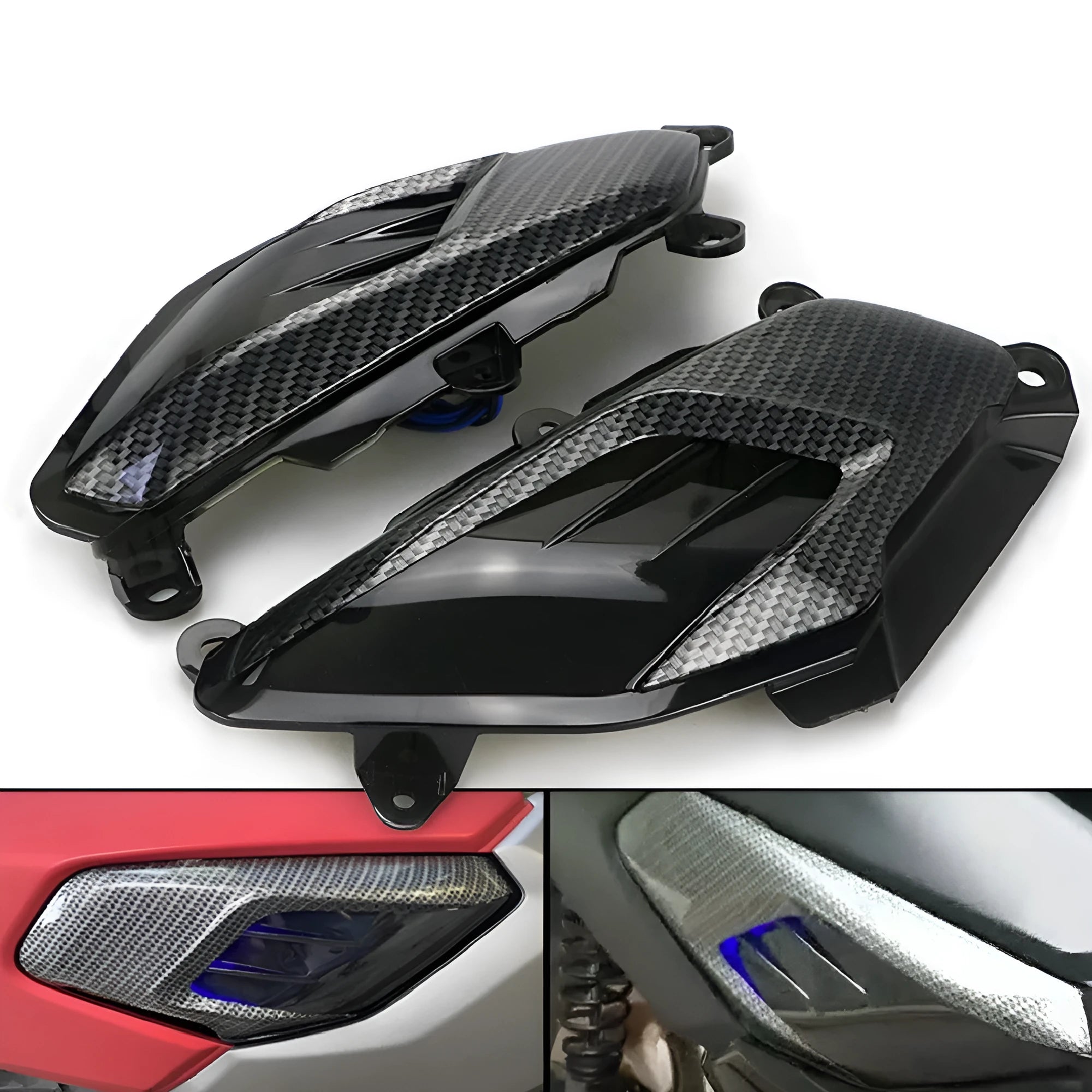 Pair of Yamaha NMAX LED side lamps with carbon fibre decoration, shown in blue and red light options.